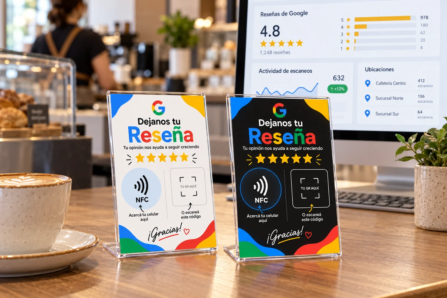Carteles de reseñas de 10 por 15 centímetros en soportes acrílicos con QR y NFC